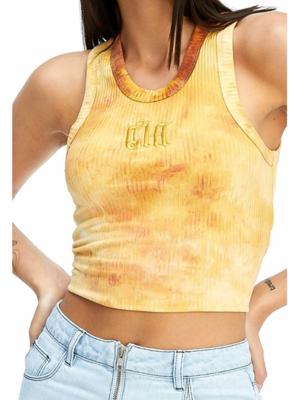 I AM GIA Aerglo Tank Yellow Orange Flame Crop Top Ribbed XS Grunge Tie Dye